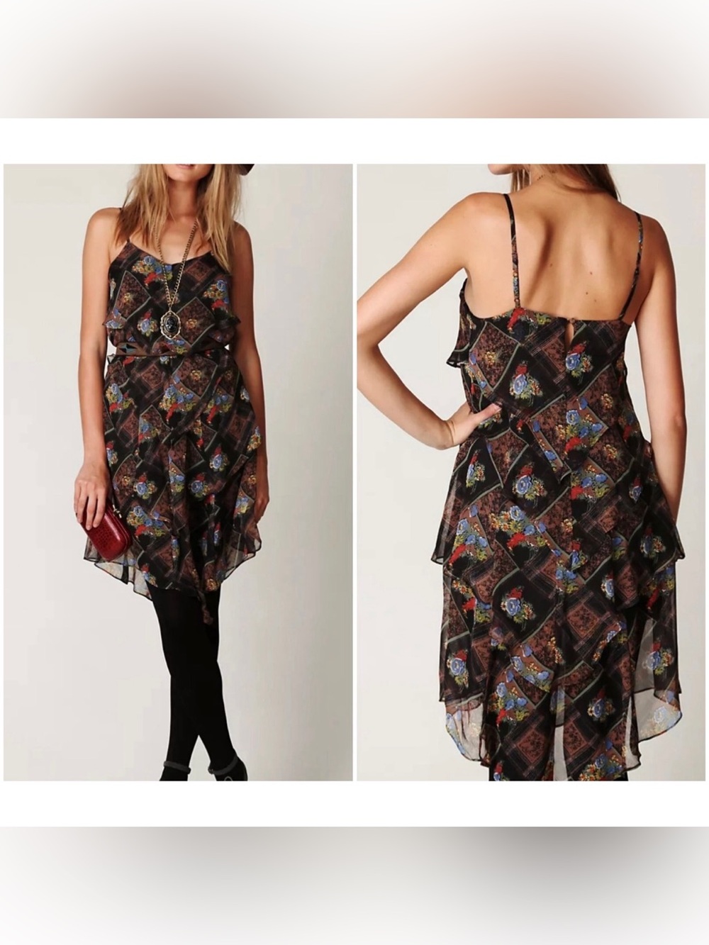 Free People Women’s 10 Floral Mini Dress Daisy Chain Plaid Chiffon Asymmetrical - Picture 2 of 13